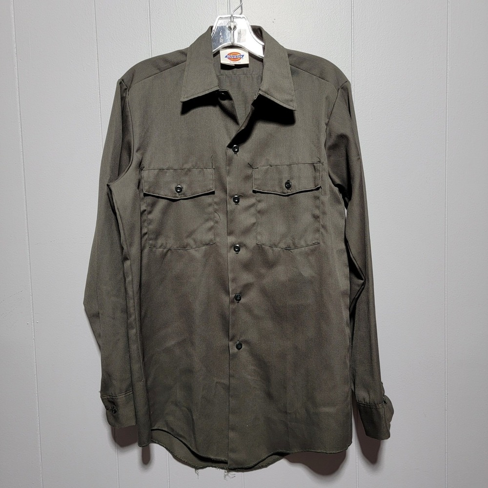 Dickies Long Sleeve Work Shirt Khaki Button Up Double Pocket Men 14 14 1/2 x 33
